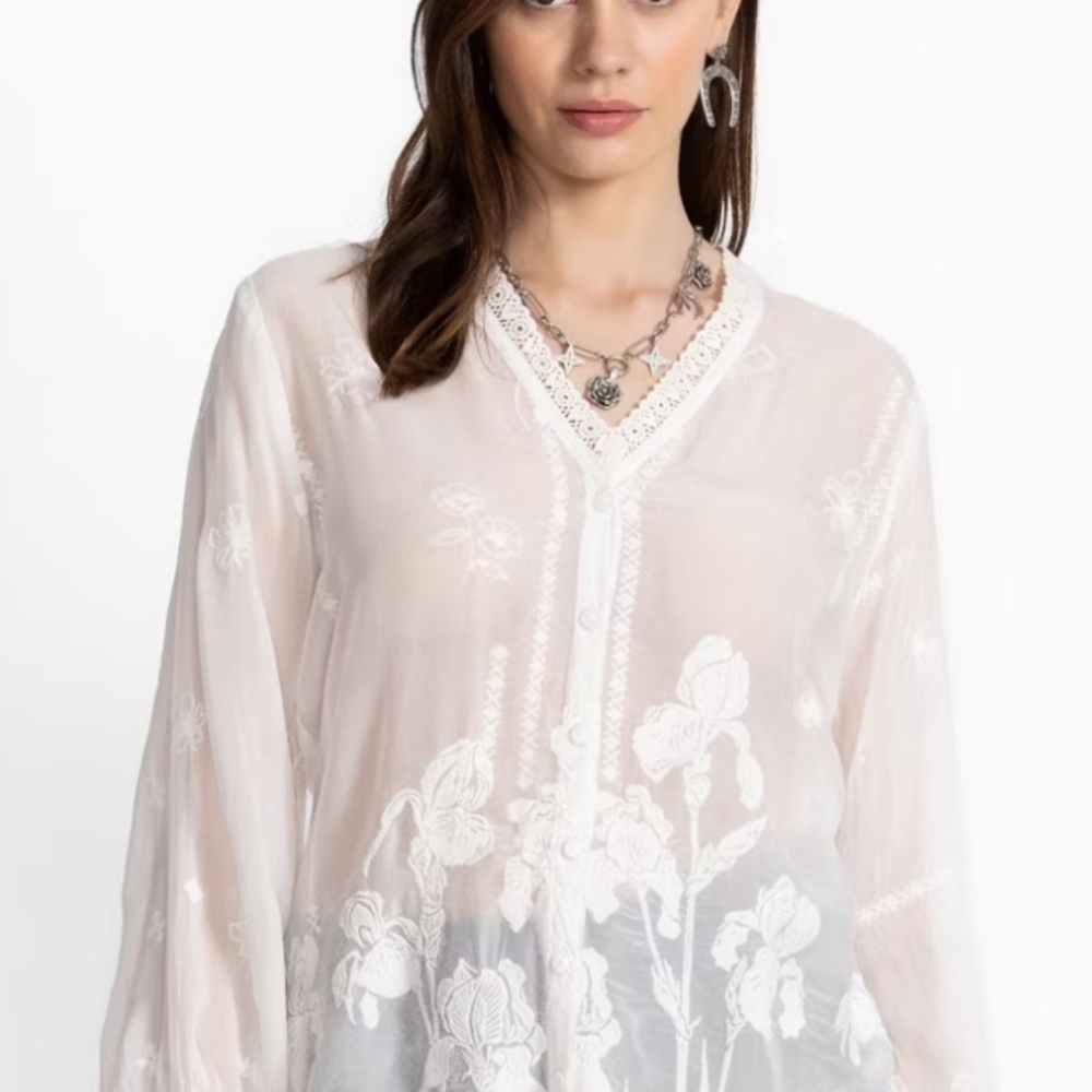 Johnny Was De Vries Tunic. White Sheer Embroidered Top, original price $328.00